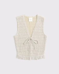 Linen-Blend Smocked Tie-Front Top