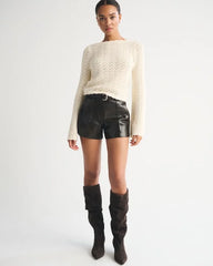 Airspun Cotton-Blend Pointelle Slash Neck Sweater