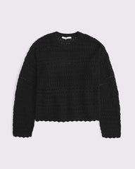 Open-Stitch Textural Crew Sweater