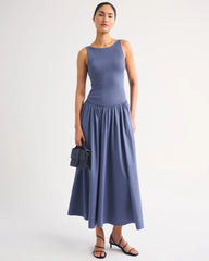 Mixed Fabric High-Neck Maxi Dress