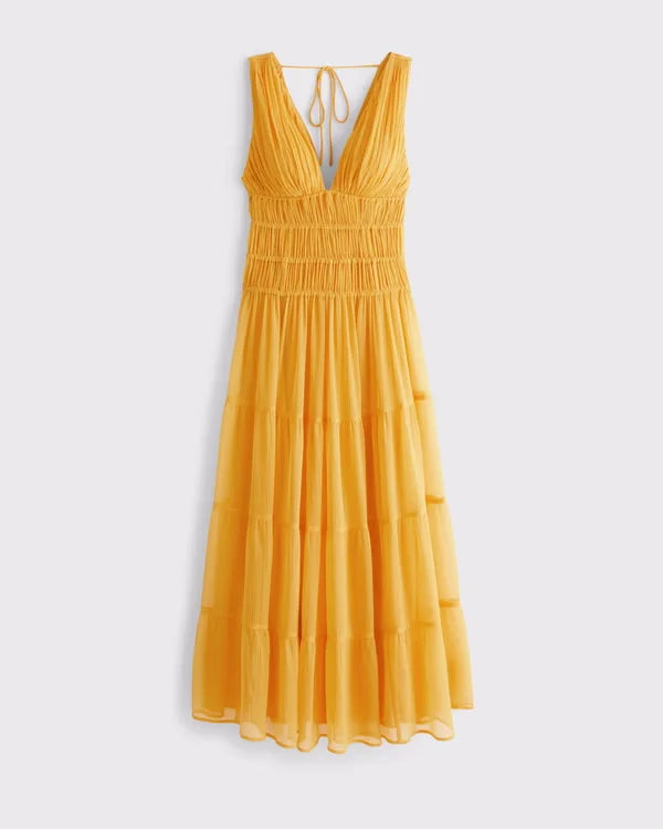 Bra-Free Ruched Flowy Maxi Dress