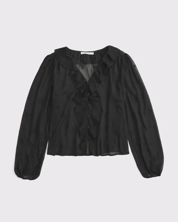 Sheer Embroidered Ruffle Button-Through Blouse