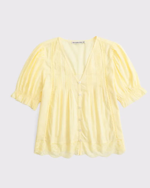 100% Cotton Lace-Trim Button-Up Blouse