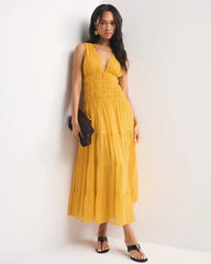 Bra-Free Ruched Flowy Maxi Dress